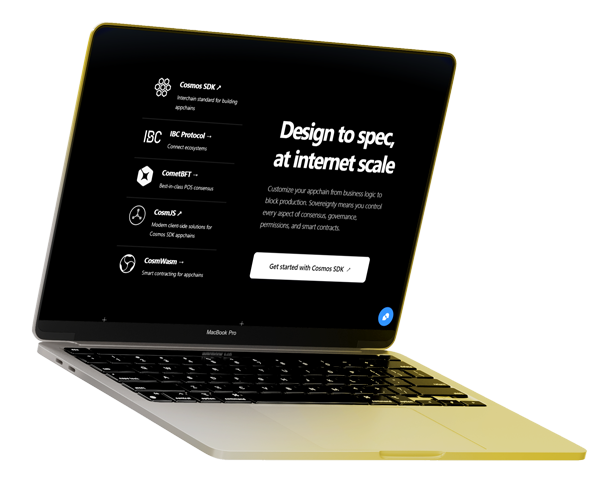 Laptop showing blockchain design specifications with a black background.