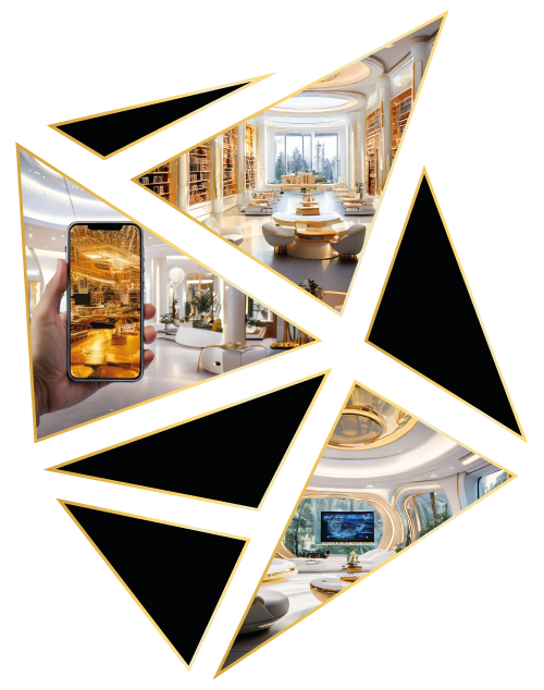 Abstract triangular design with images of a luxurious library and a smartphone displaying a golden investment-themed interface.